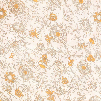 Orange intricately machine-printed kalamkari cotton saree, self-border & contrast pallu of floral print