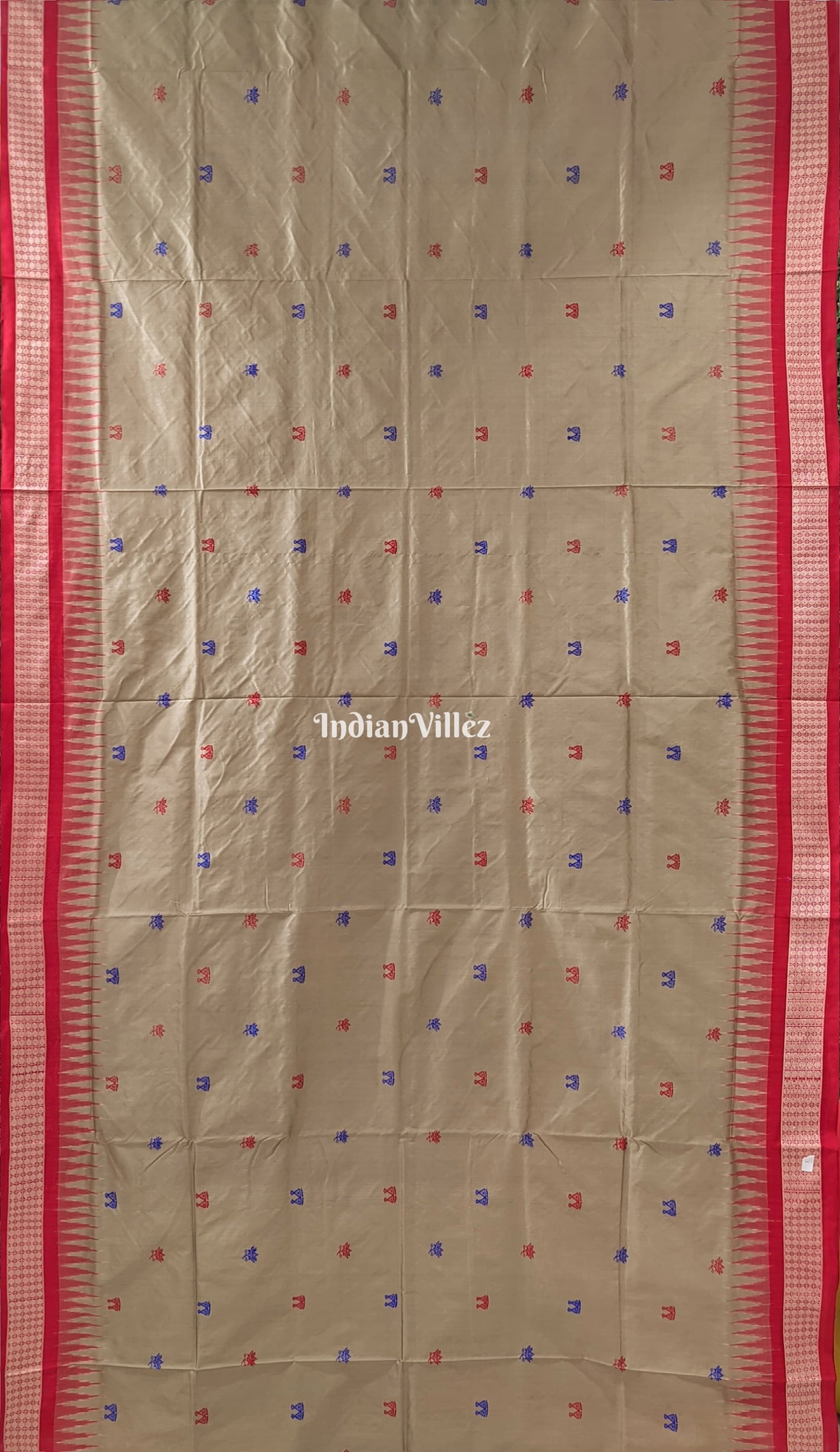 Bronze Pastel & Red Laxmi Pada & Lotus Motif Bomkai Saree