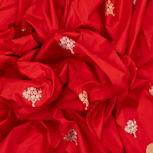Red Handloom Banarasi Silk Saree With Floral Buttas