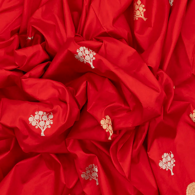 Red Handloom Banarasi Silk Saree With Floral Buttas