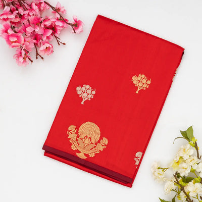 Red Handloom Banarasi Silk Saree With Floral Buttas