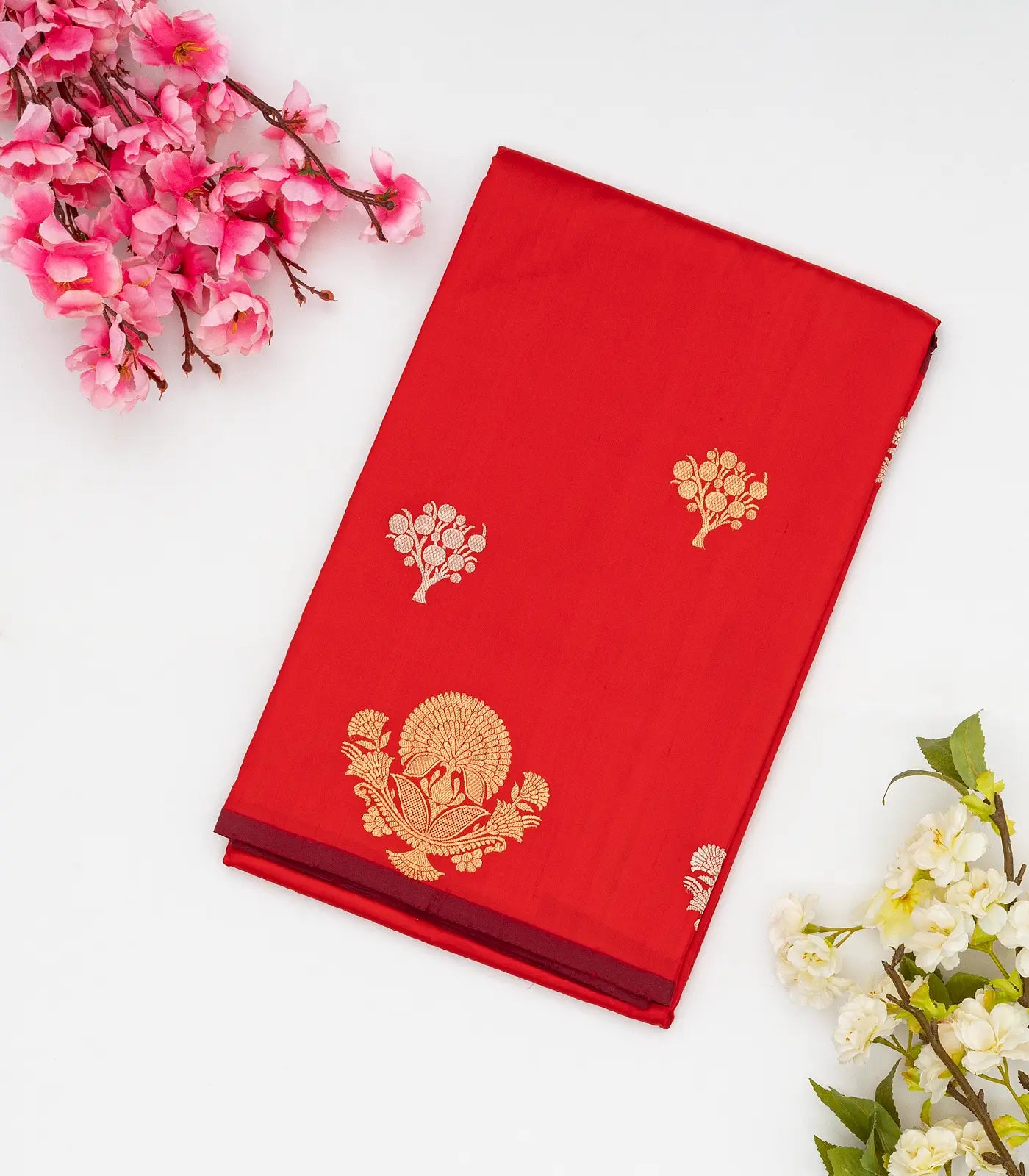 Red Handloom Banarasi Silk Saree With Floral Buttas