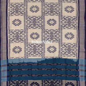 White Blue Computer Design Maniabandha Cotton Saree