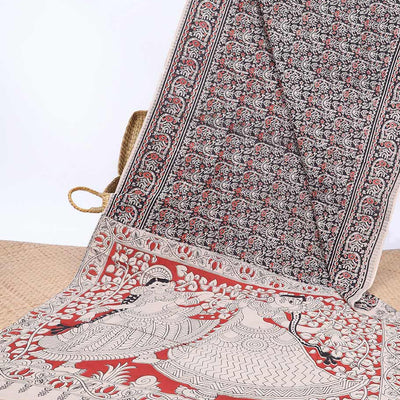 Black intricately machine-printed kalamkari cotton saree, self-border & human figurines pallu