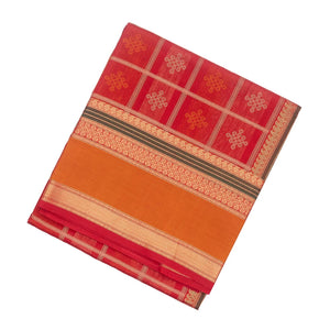 Red Handloom Silk Cotton Saree With Kolam Motifs in Checks