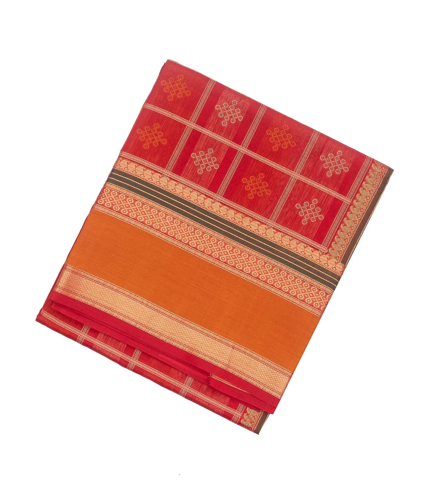 Red Handloom Silk Cotton Saree With Kolam Motifs in Checks