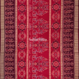 Red Odisha Ikat Sambalpuri Cotton Saree with Fish Line Motif & Border