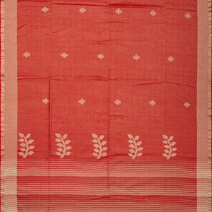 Red Handloom Bengal Cotton Saree With Floral Buttas & Stripes