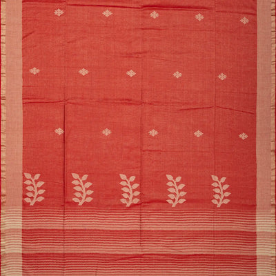 Red Handloom Bengal Cotton Saree With Floral Buttas & Stripes