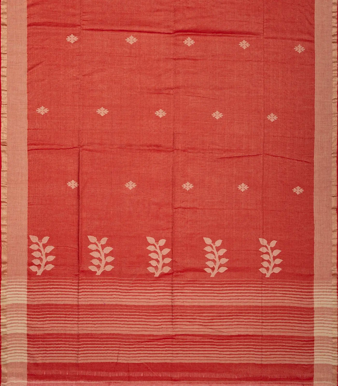 Red Handloom Bengal Cotton Saree With Floral Buttas & Stripes
