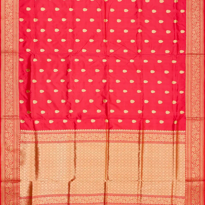 Red Banarasi Silk Saree With Floral Zari Buttas