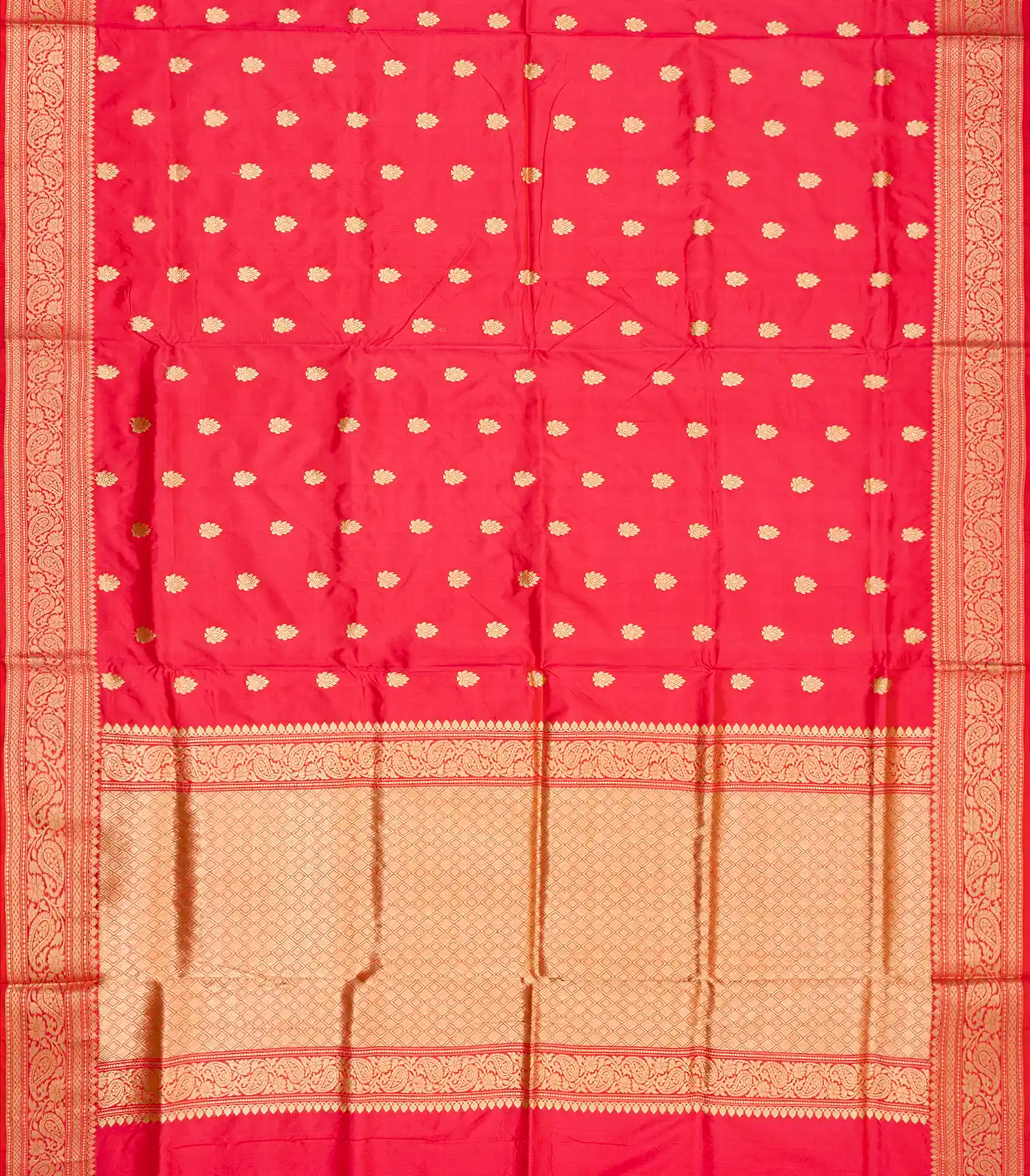 Red Banarasi Silk Saree With Floral Zari Buttas