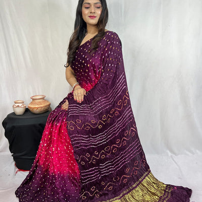 Pure Modal Silk Barik Bandhej work Bandhani Saree