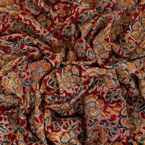 Crimson Woven Kalamkari Cotton Saree With Printed Floral Motifs