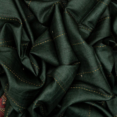 Bottle Green Handloom Tussar Silk Saree Printed With Lord Ram In Pallu