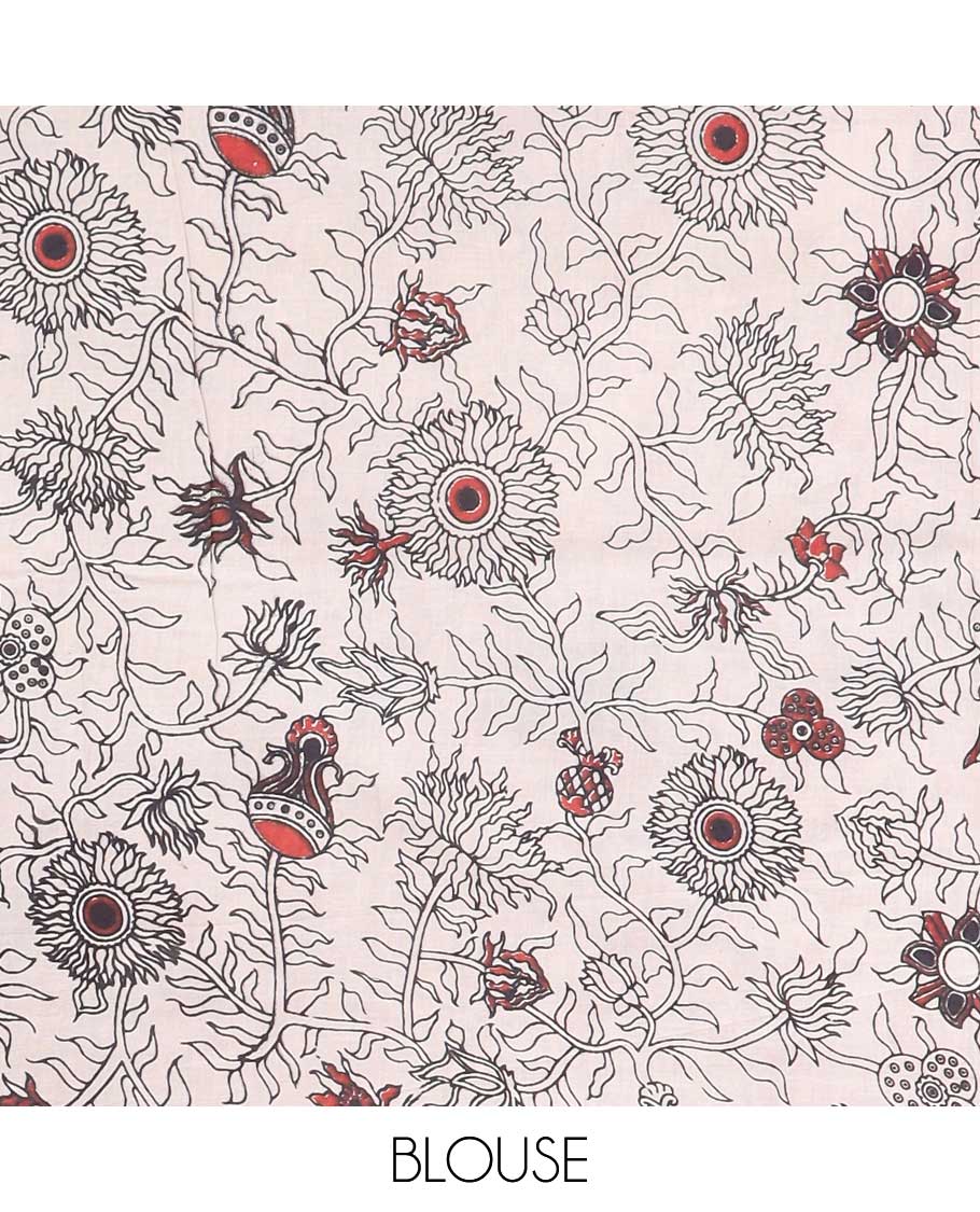 Black intricately machine-printed kalamkari cotton saree, self-border & human figurines pallu