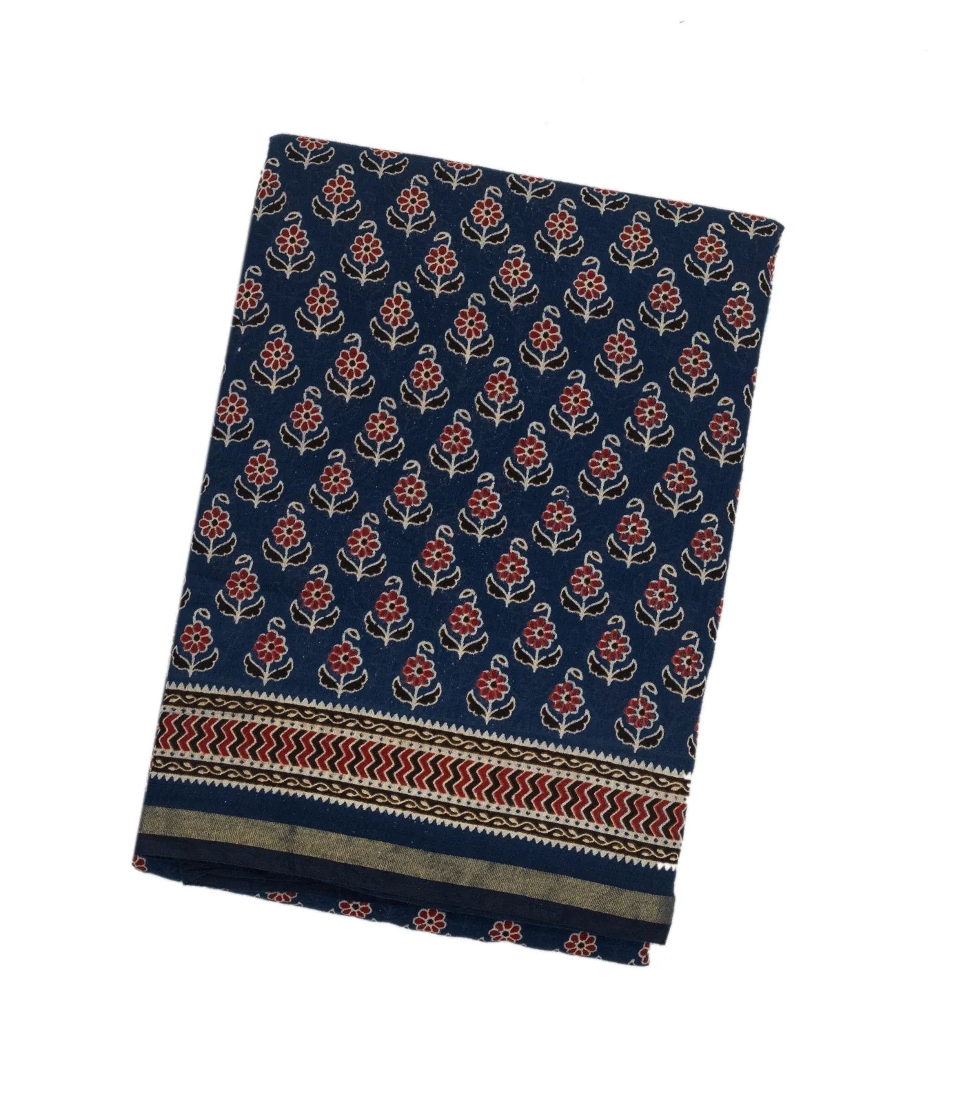 Indigo Woven Jaipur Cotton Saree With Printed Brown Floral Motifs