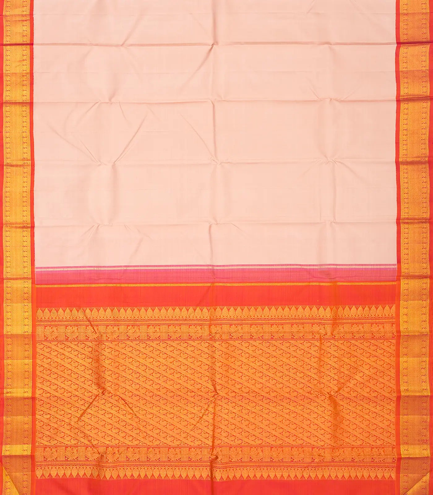 Baby Pink Handloom Korvai Kanchipuram Silk Saree With Orange Border
