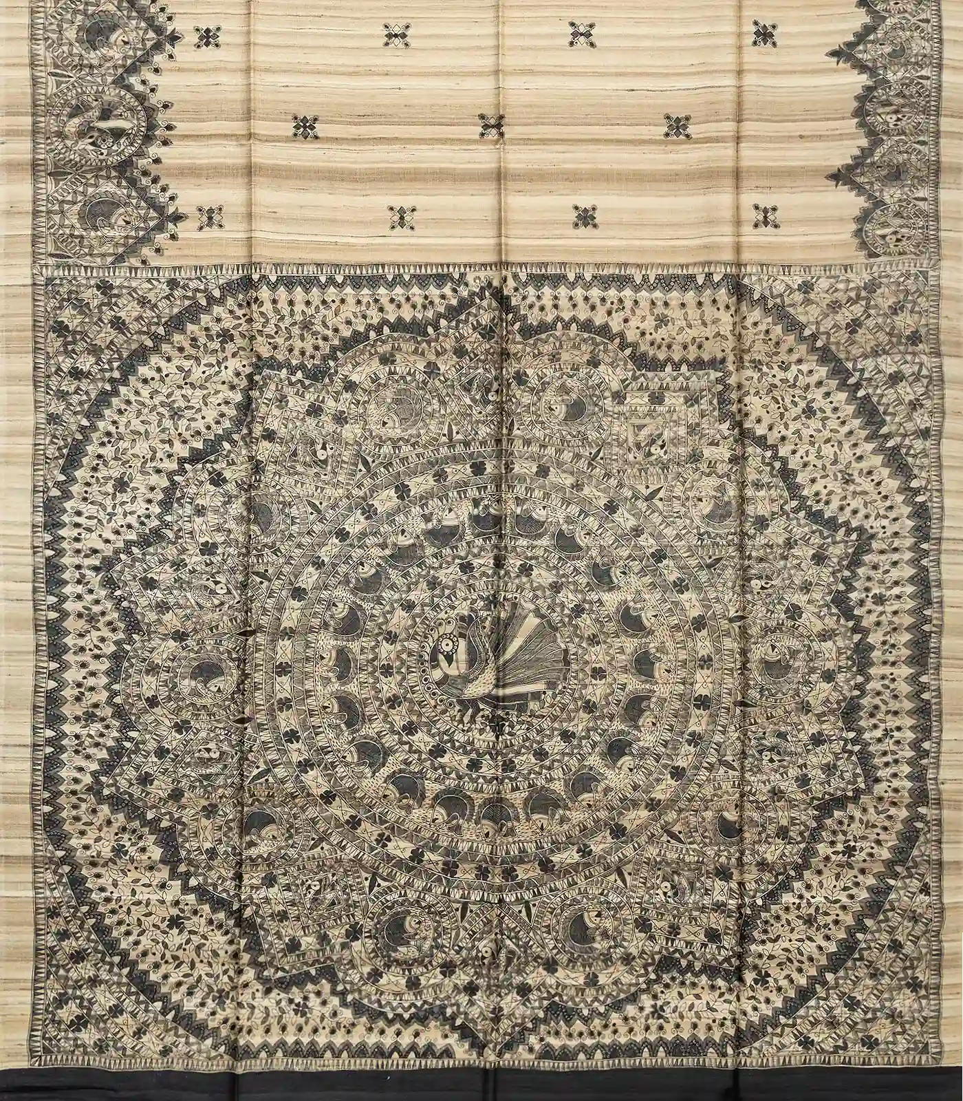 Beige Handloom Tussar Silk Saree With Printed Bird Motifs