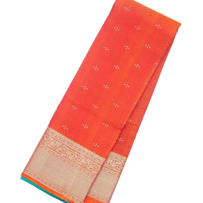 Dark Peach Silk Saree With Floral Motifs & Contrast Pallu