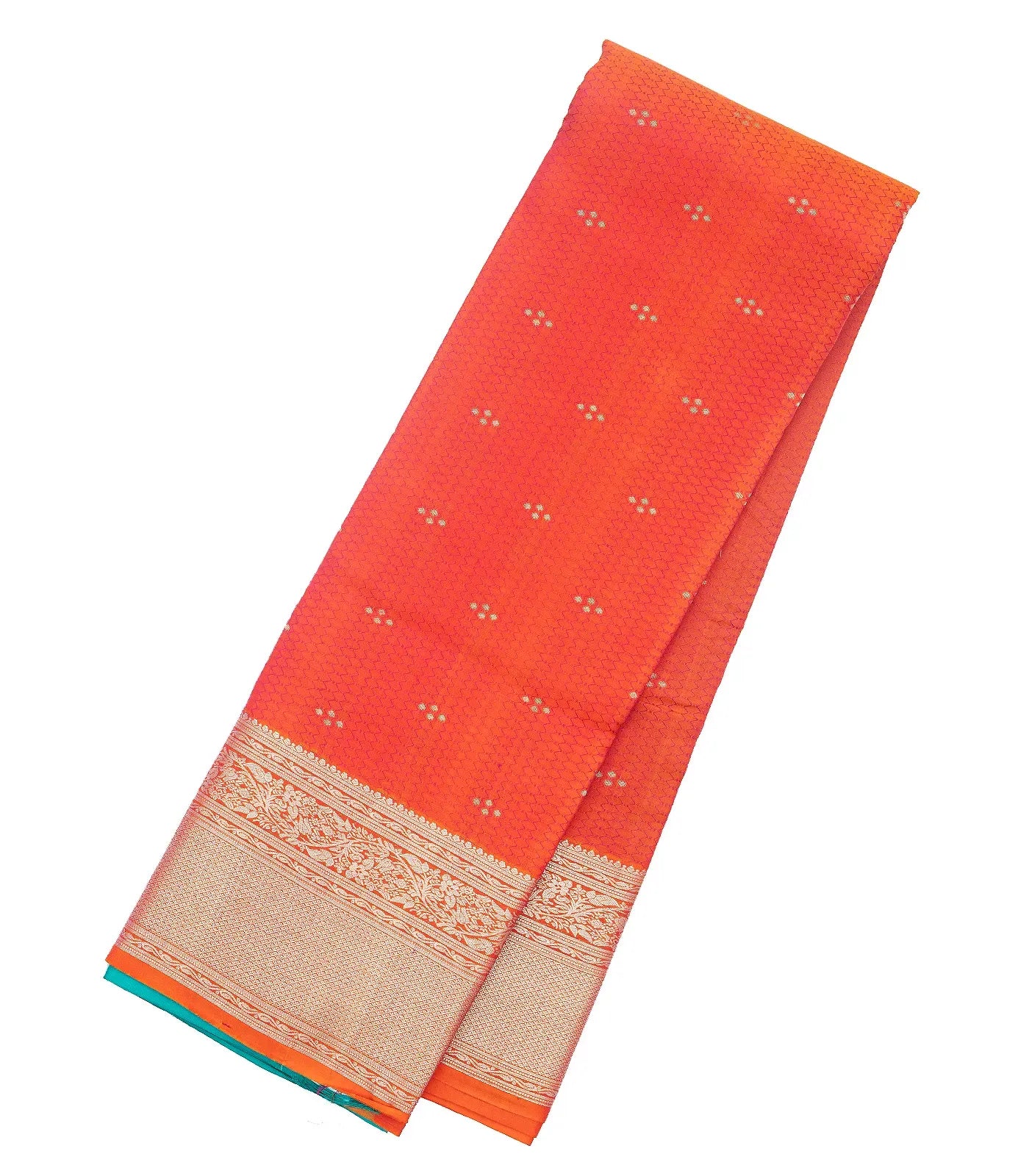 Dark Peach Silk Saree With Floral Motifs & Contrast Pallu