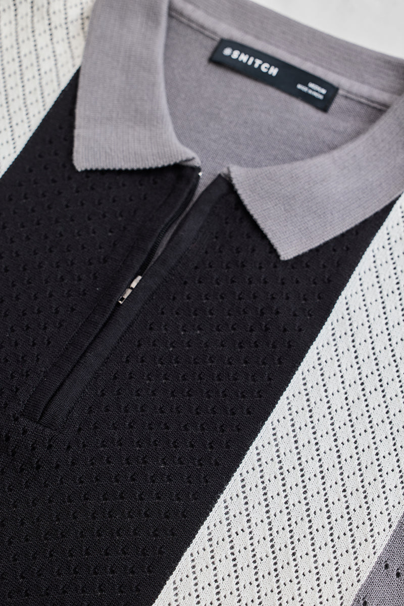 Black Colourblocked Zipper Polo T-Shirt
