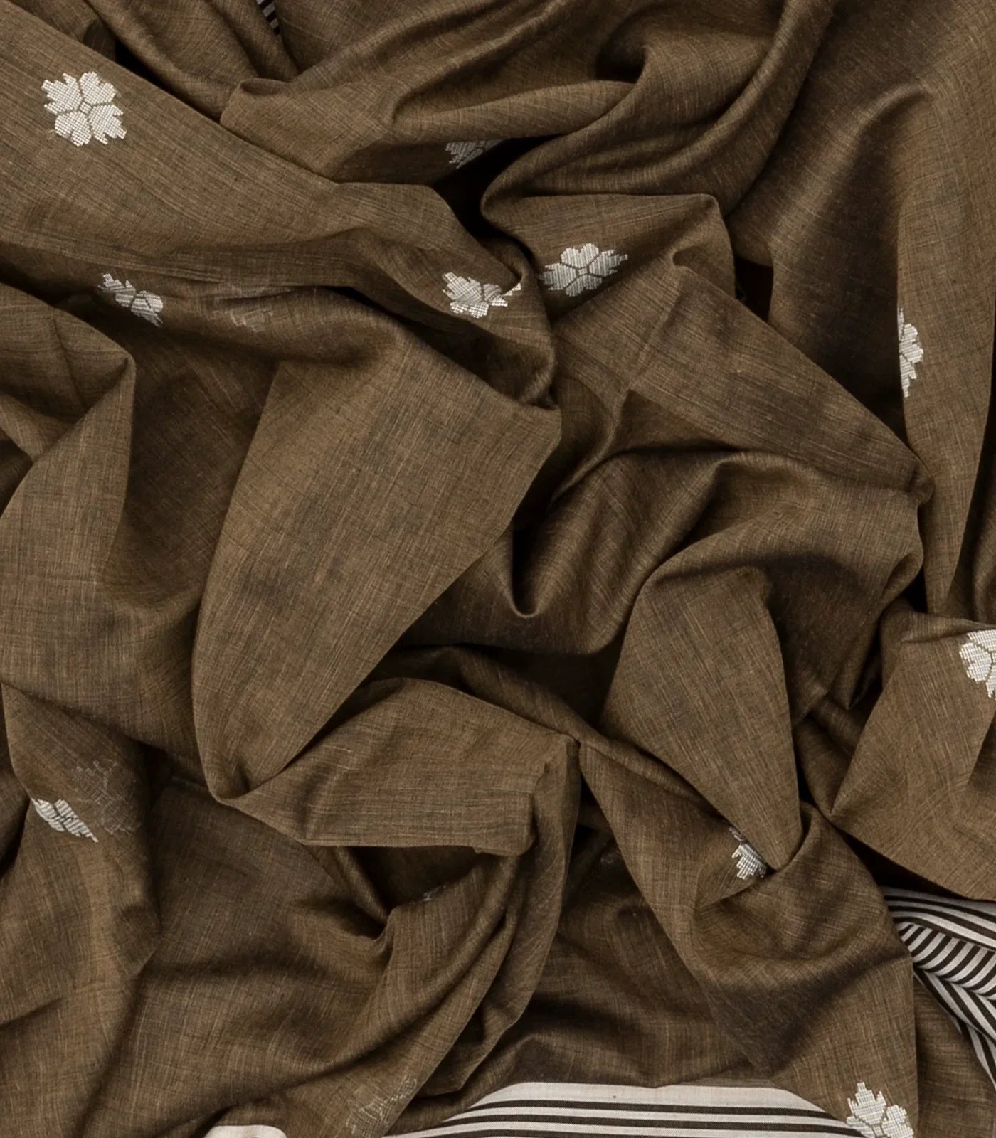 Dark Grey Handloom Bengal Cotton Saree With Floral Buttas