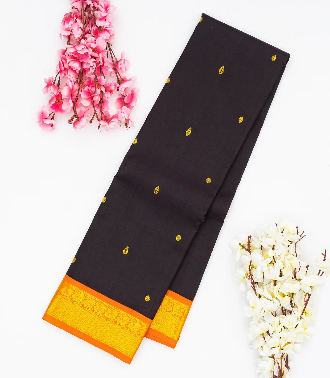 Black Handloom Kanchipuram Korvai Silk Saree With Kamalam Buttas