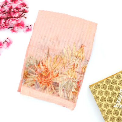 Light Peach Handwoven Banarasi Georgette Silk Saree Printed With Bird Motifs