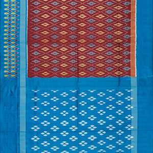 Maroon Handloom Ikat Silk Saree With Contrast Blue Border