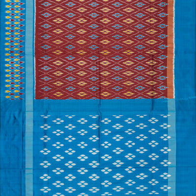 Maroon Handloom Ikat Silk Saree With Contrast Blue Border