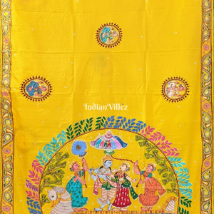 Yellow Krishna Rasa Leela Boita Theme Hand-Painted Pattachitra Saree (Pre Order)