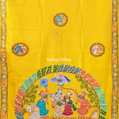 Yellow Krishna Rasa Leela Boita Theme Hand-Painted Pattachitra Saree (Pre Order)