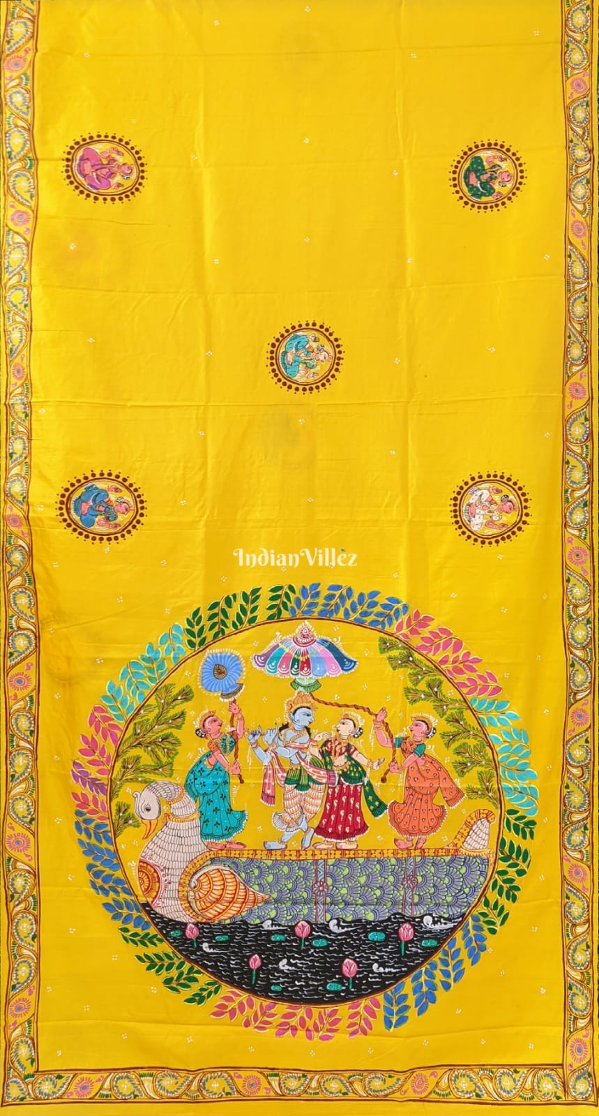 Yellow Krishna Rasa Leela Boita Theme Hand-Painted Pattachitra Saree (Pre Order)