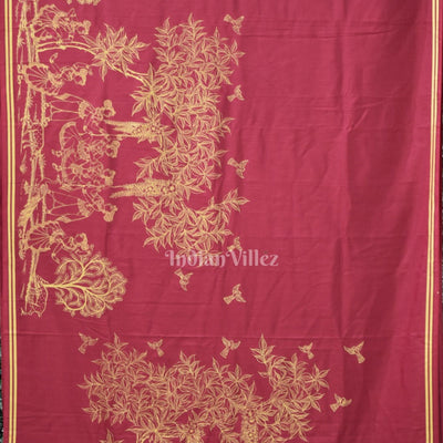 Cherry Red Single Line Raja Theme Pattachitra Saree