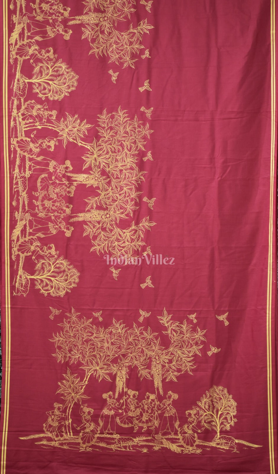 Cherry Red Single Line Raja Theme Pattachitra Saree