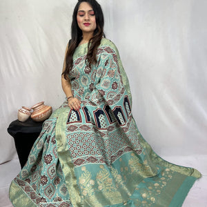 Dola Silk Original Handblocked  Ajrakh work Saree
