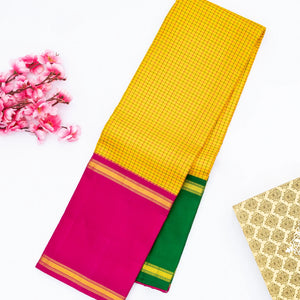 Yellow Handloom Kanchipuram Korvai Silk Saree With Checks & Ganga Jamuna Border