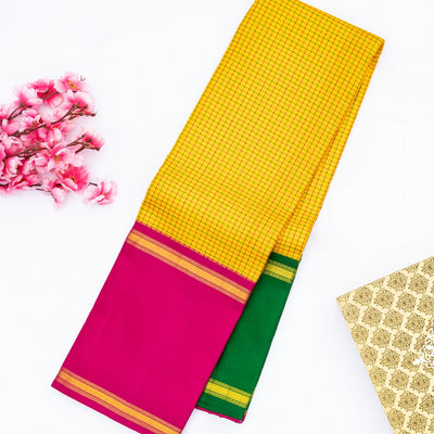 Yellow Handloom Kanchipuram Korvai Silk Saree With Checks & Ganga Jamuna Border