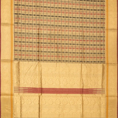Cream Handloom Silk Cotton Saree With Checks & Gandaberunda Motifs