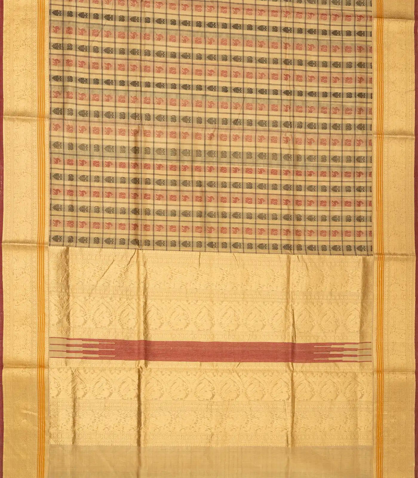 Cream Handloom Silk Cotton Saree With Checks & Gandaberunda Motifs