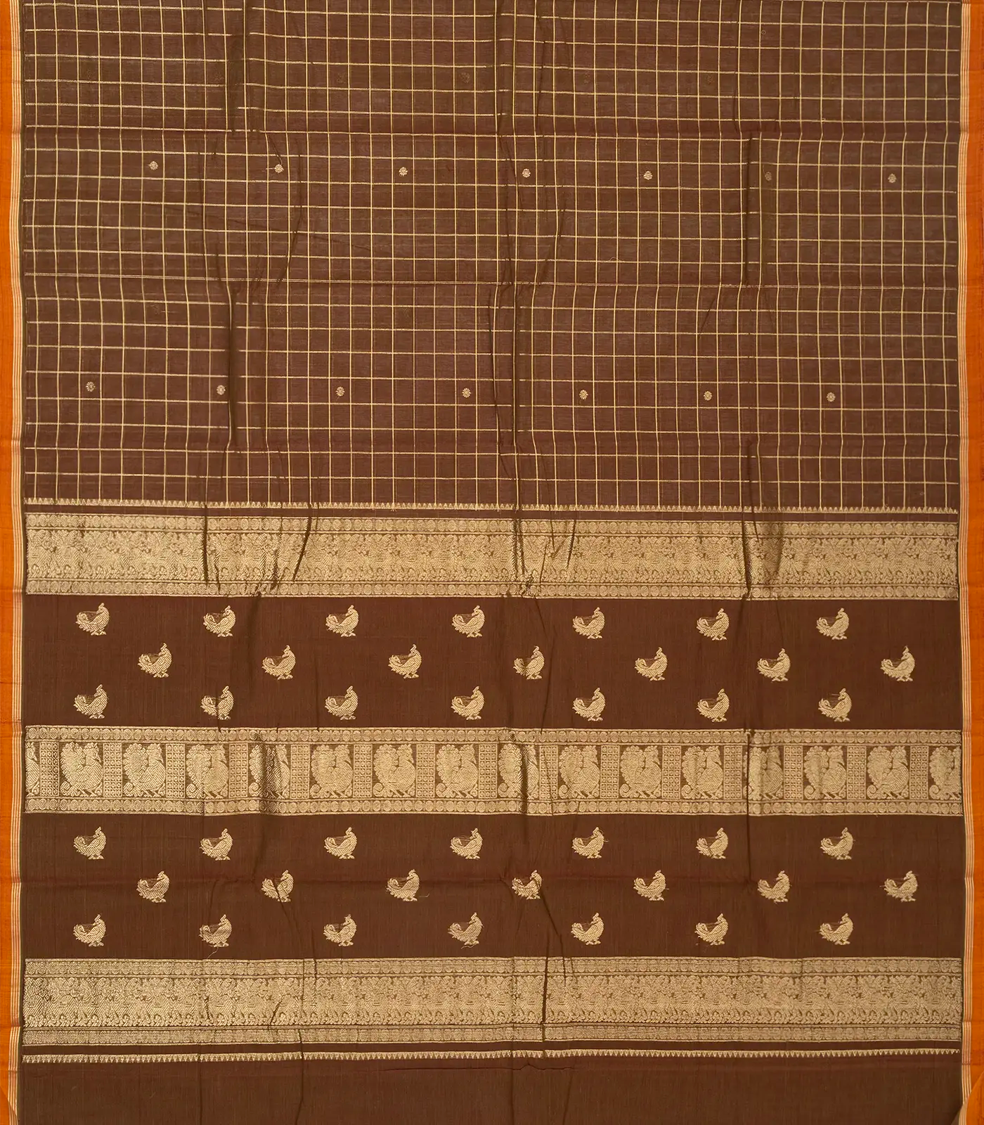 Dark Olive Handloom Kanchi Cotton Saree With Zari Checks