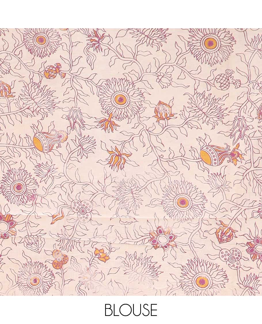 Orange intricately machine-printed kalamkari cotton saree, contrast Pichwai cow & God Krishna motif pallu