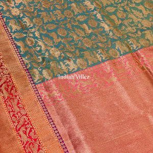 Green Goldfish Dual Tone Animal Motif Katan Banarasi Shikargah Saree