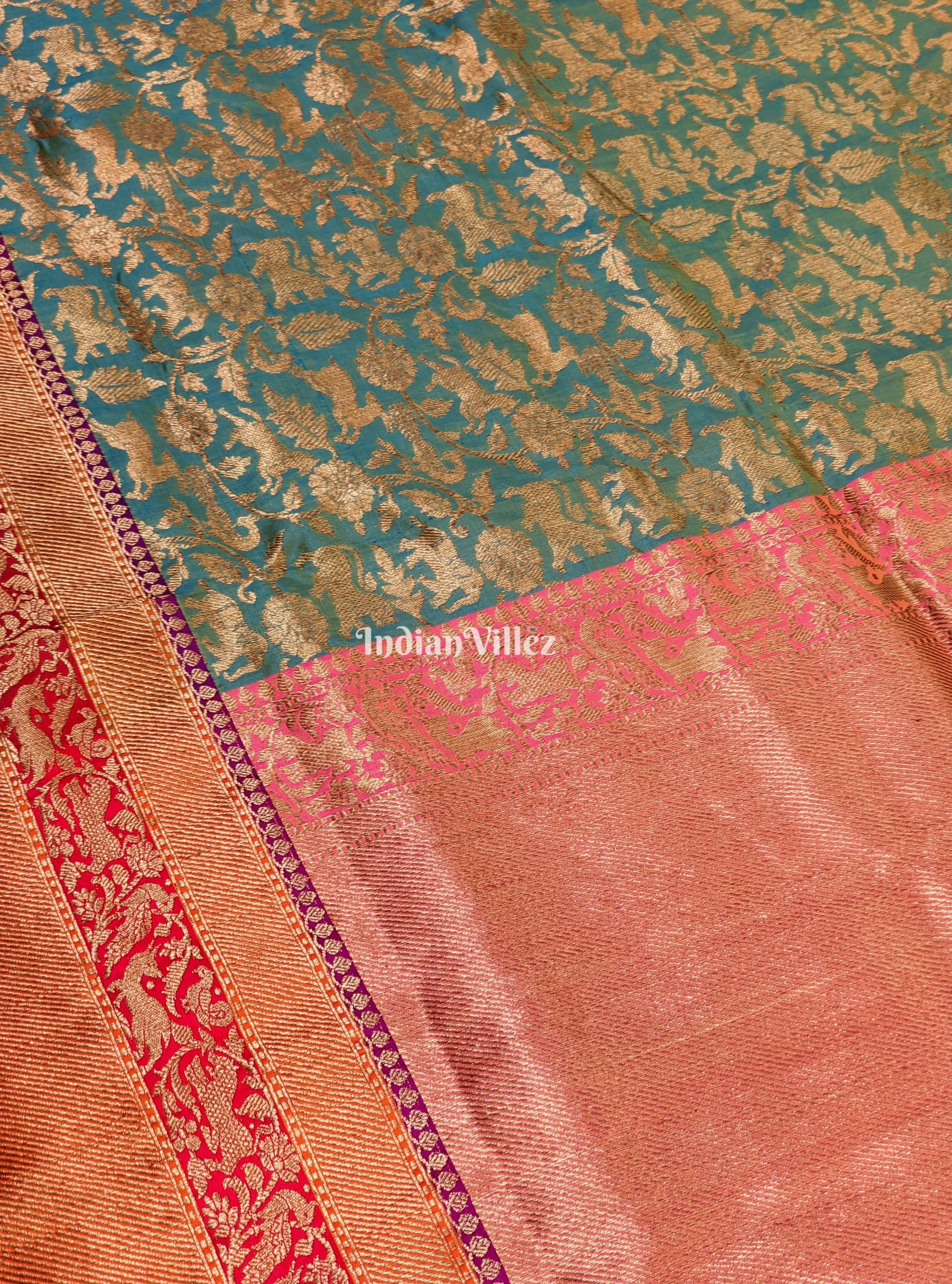 Green Goldfish Dual Tone Animal Motif Katan Banarasi Shikargah Saree