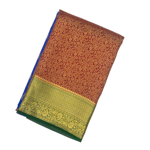 Blue & Crimson Mysore Crepe Half & Half Silk Saree With Floral Motifs