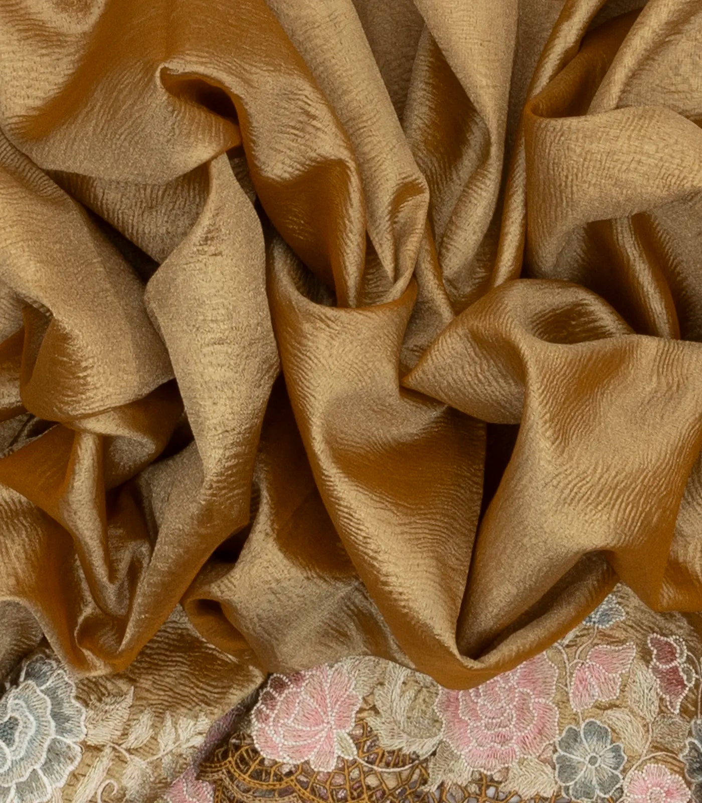 Gold Woven Crushed Tissue Saree With Floral Embroidery
