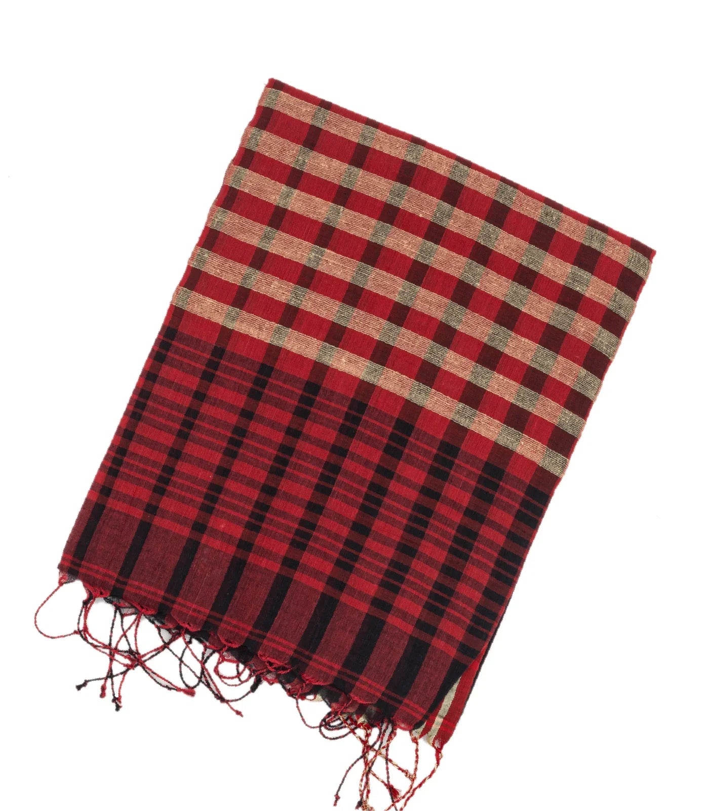Maroon Handloom Bengal Cotton Saree With Red and Black Gradient stripes