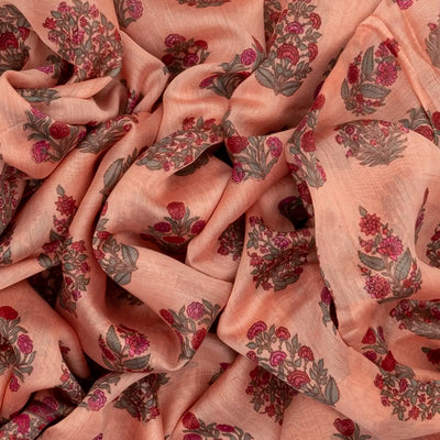 Peach  Handloom Chanderi Cotton Saree With Printed Floral Motifs