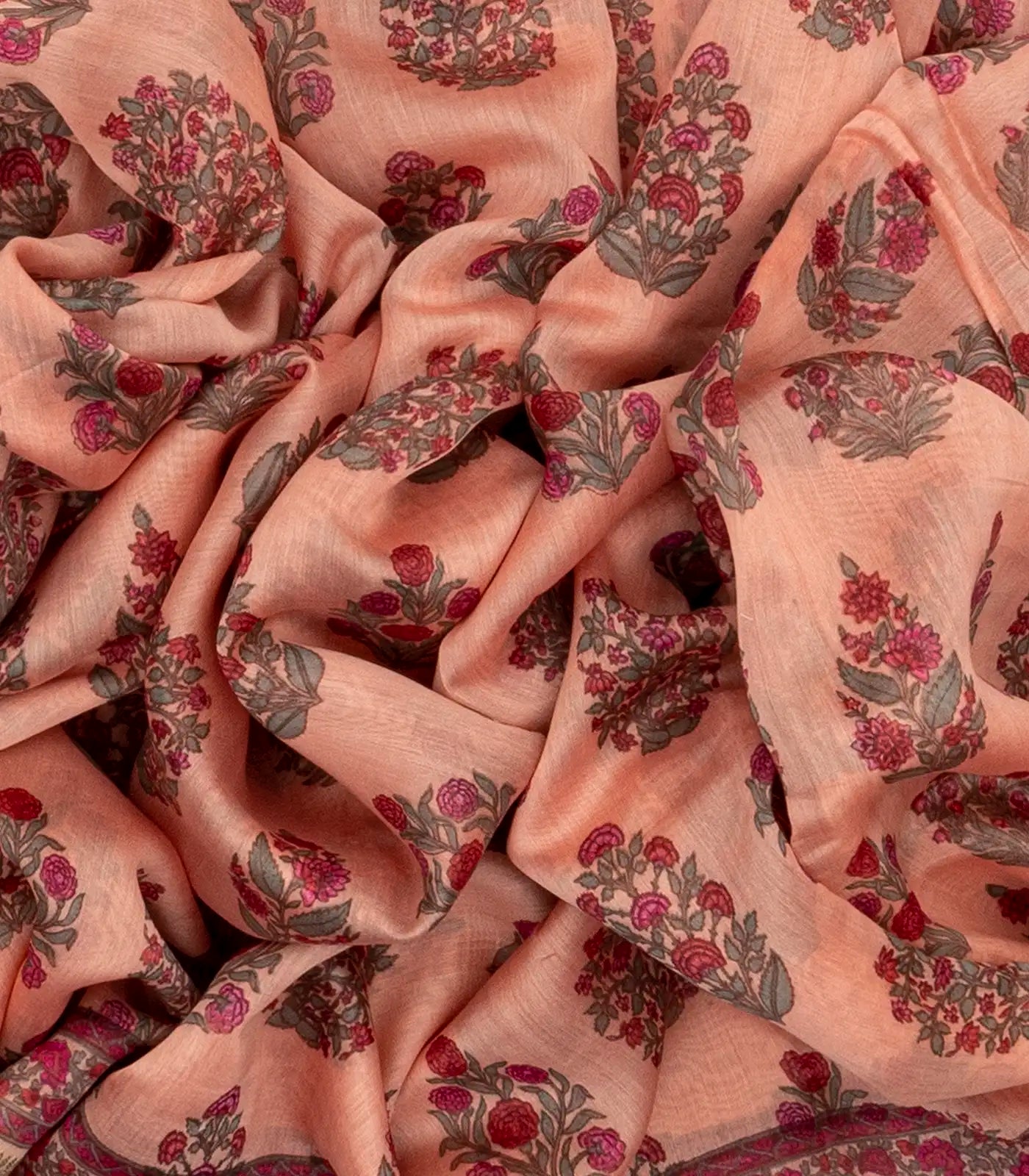 Peach  Handloom Chanderi Cotton Saree With Printed Floral Motifs